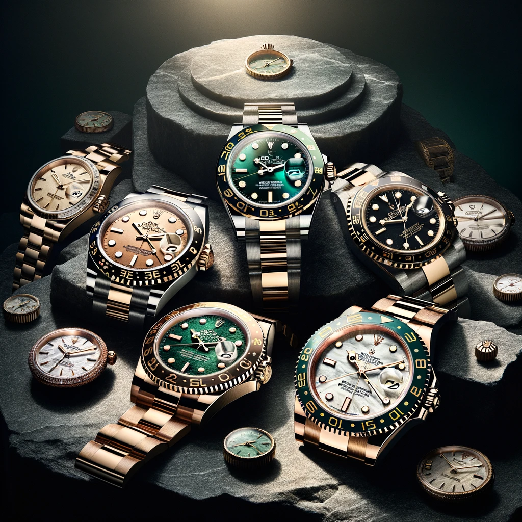 a group of watches on a stone Rolex 2024 illustration